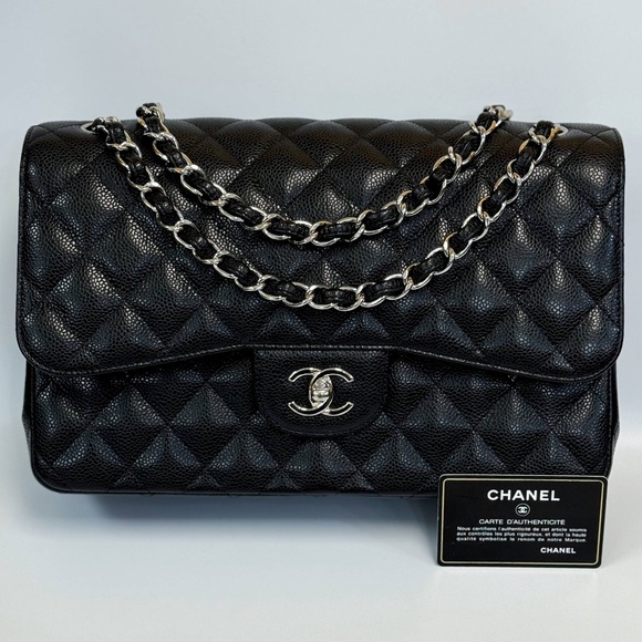 Chanel Black Quilted Caviar Jumbo Classic Double Flap Bag Silver Hardware & card - Picture 1 of 16